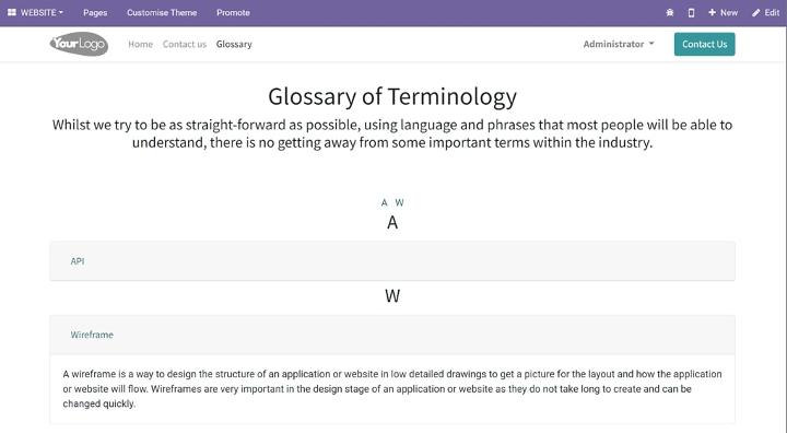 Website glossary page on odoo