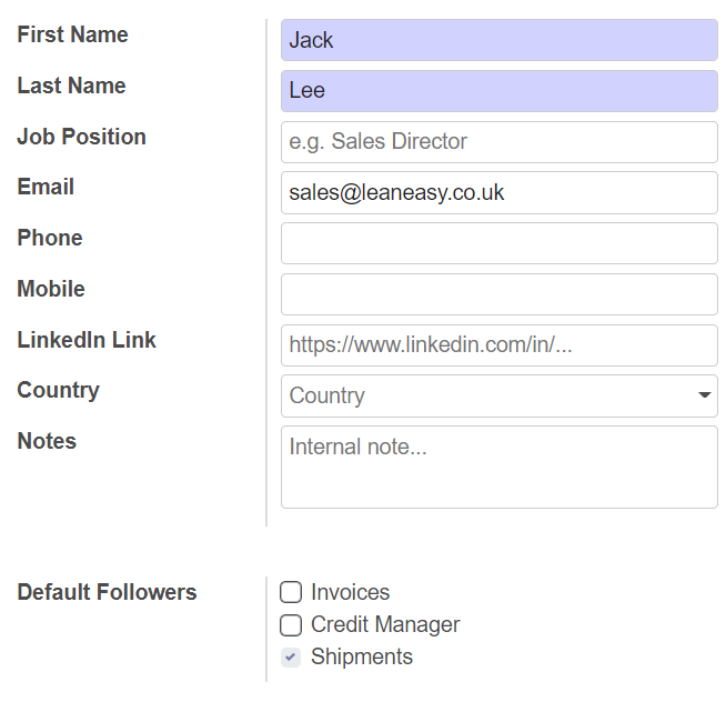 contact form in odoo with default followers