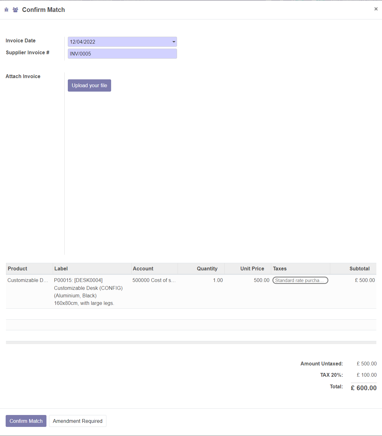 invoice matching screen in odoo